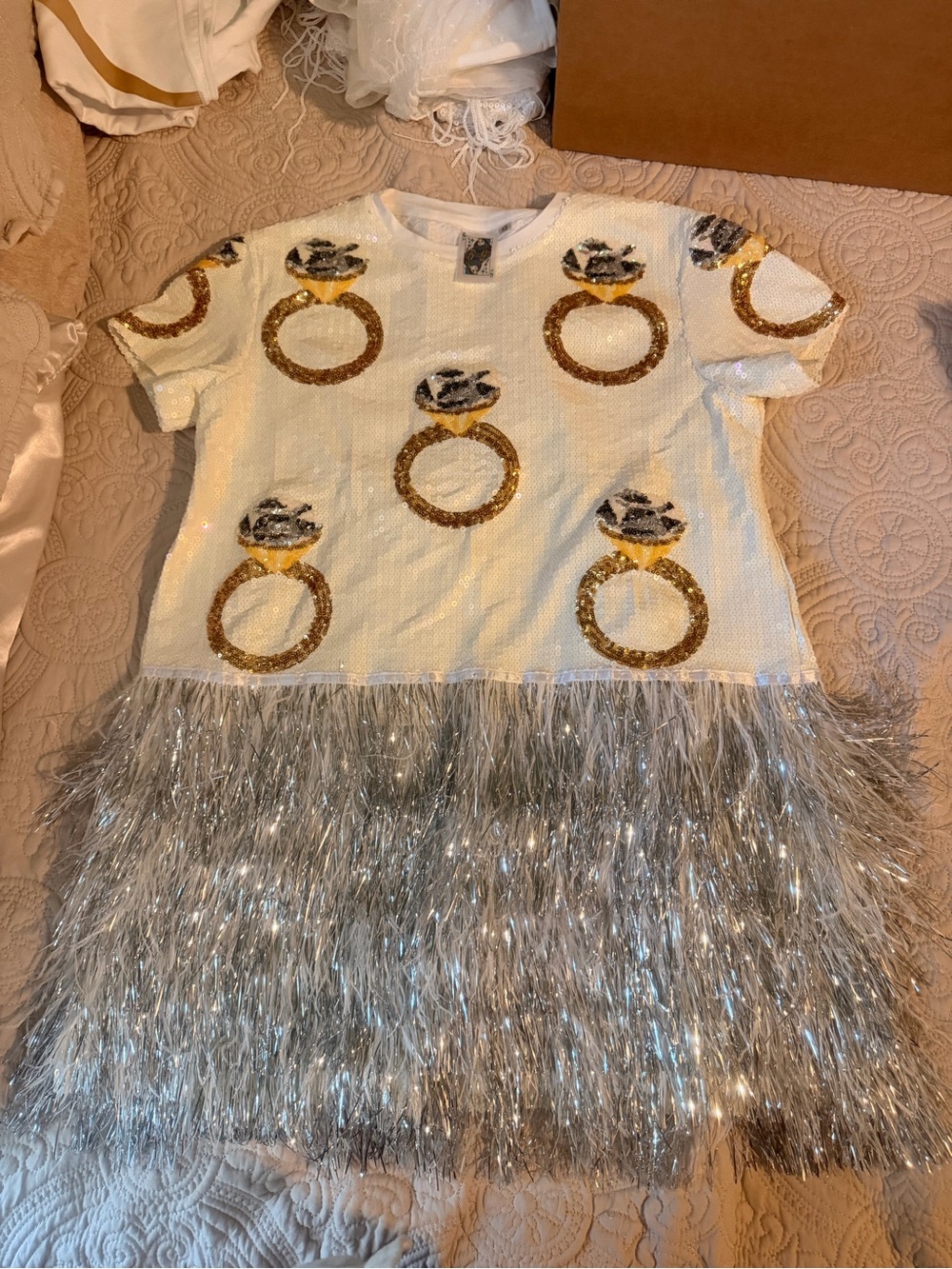 QUEEN OF SPARKLES White Sequin Dress with Gold Ring Motif and Silver Fringe